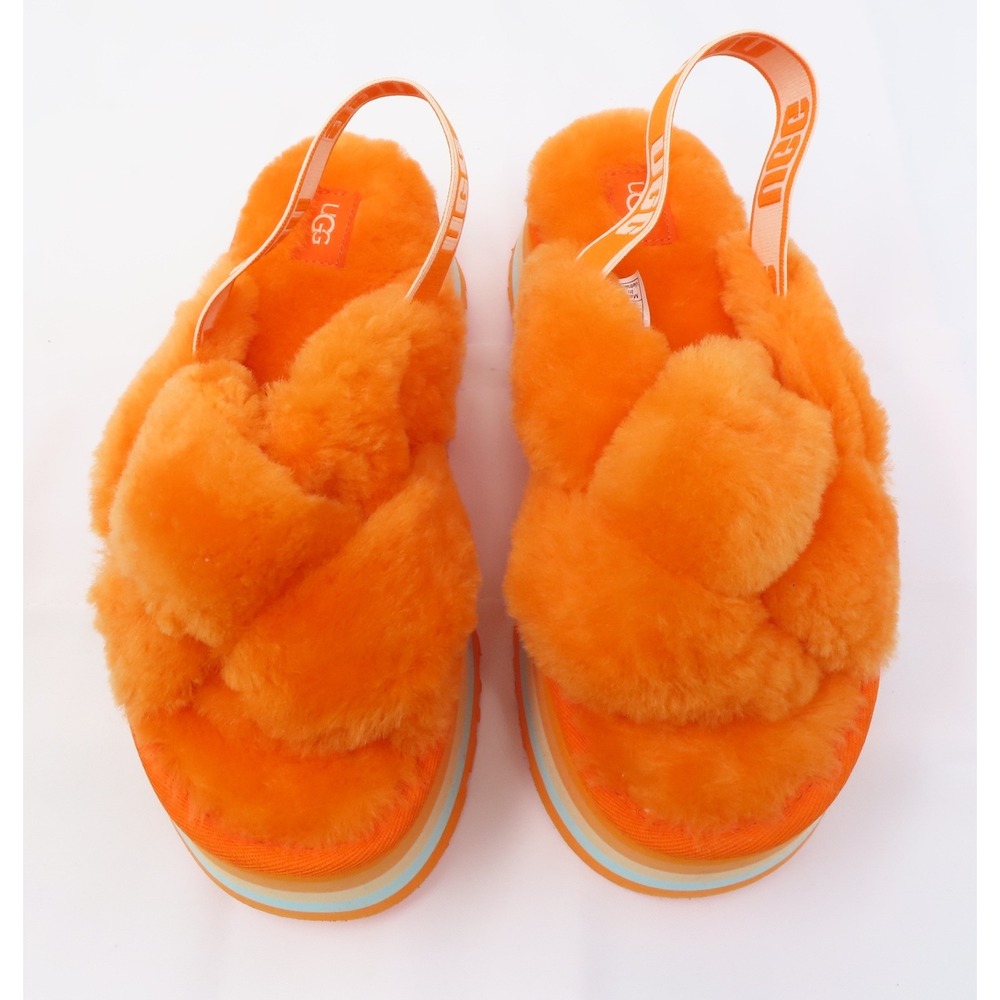 UGG Disco Knot Platform Slide Sandals Mandarin Orange Multi Fur 8 Womens 1126383 - Picture 2 of 10